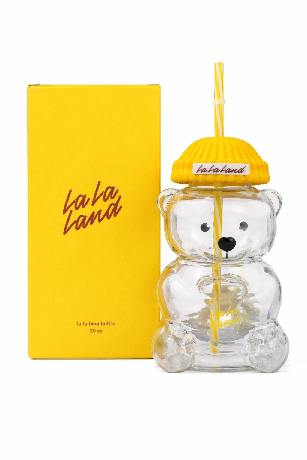 La La Land Kind Bear Glass Cup w /Straw Yellow Tumbler Cute Glass Cup New