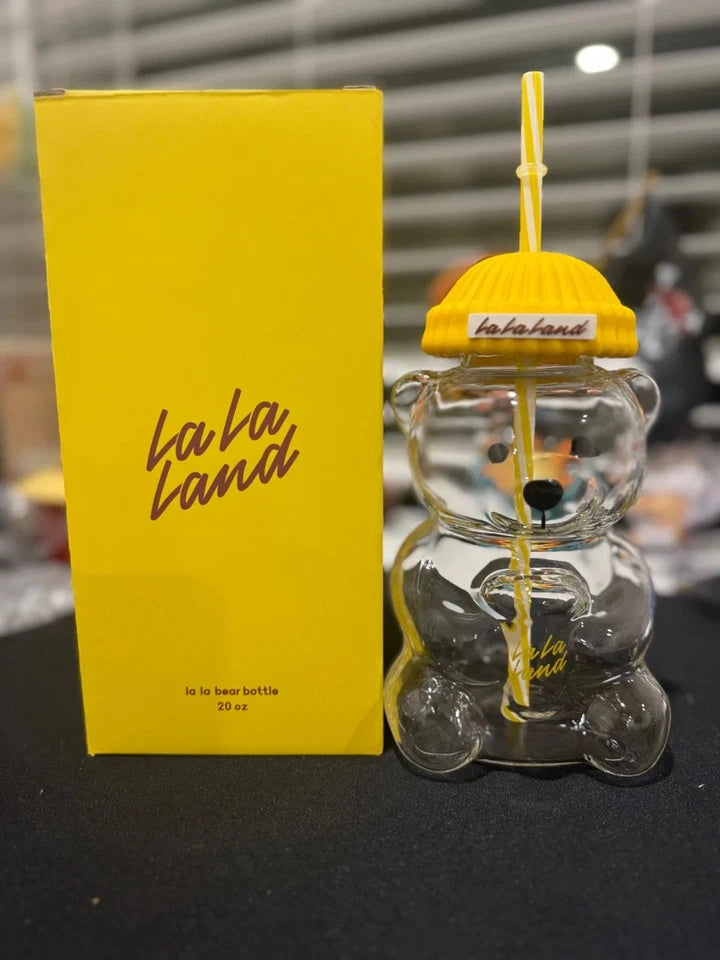 La La Land Kind Bear Glass Cup w /Straw Yellow Tumbler Cute Glass Cup New