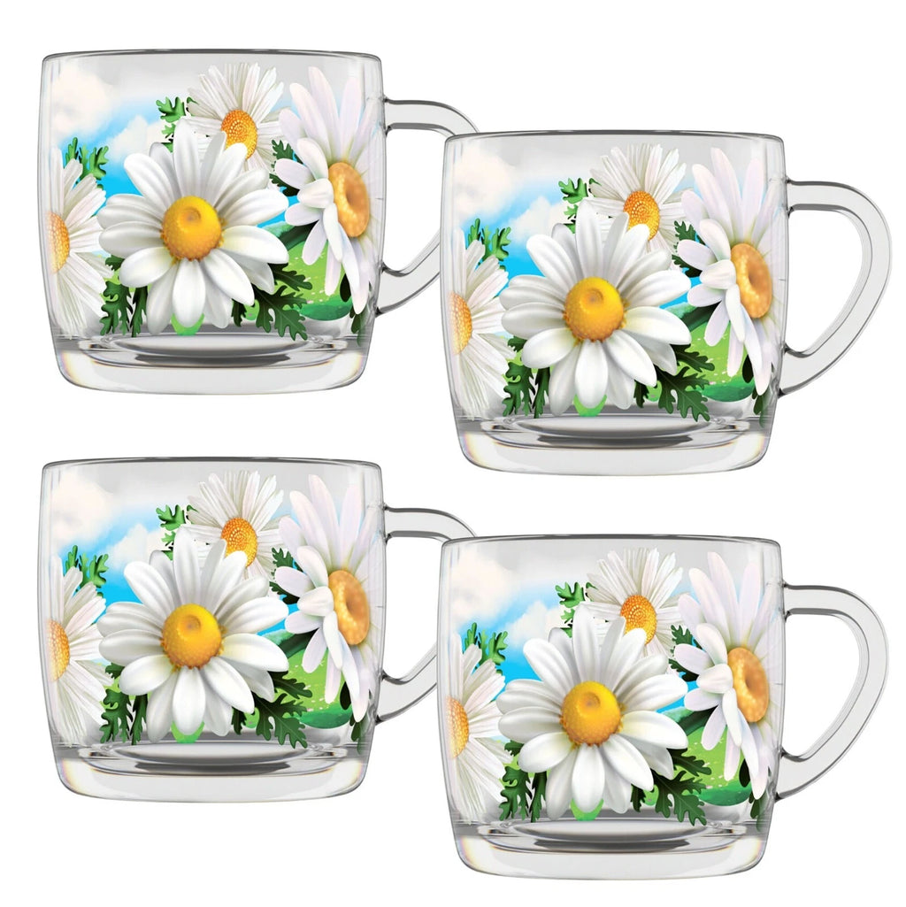 DAISY 4-pc Glass Mug Set Tea Coffee Cup Teacup Durable Top Quality 10 oz ea