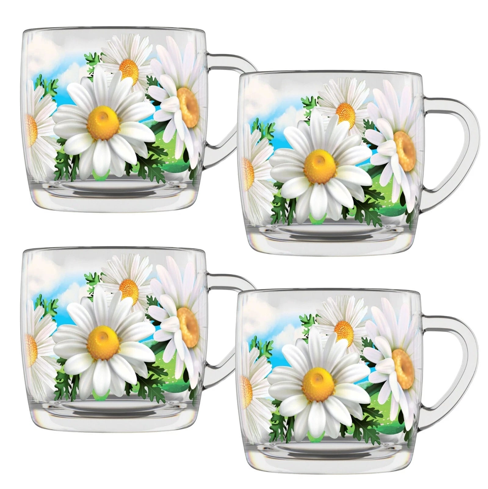 DAISY 4-pc Glass Mug Set Tea Coffee Cup Teacup Durable Top Quality 10 oz ea