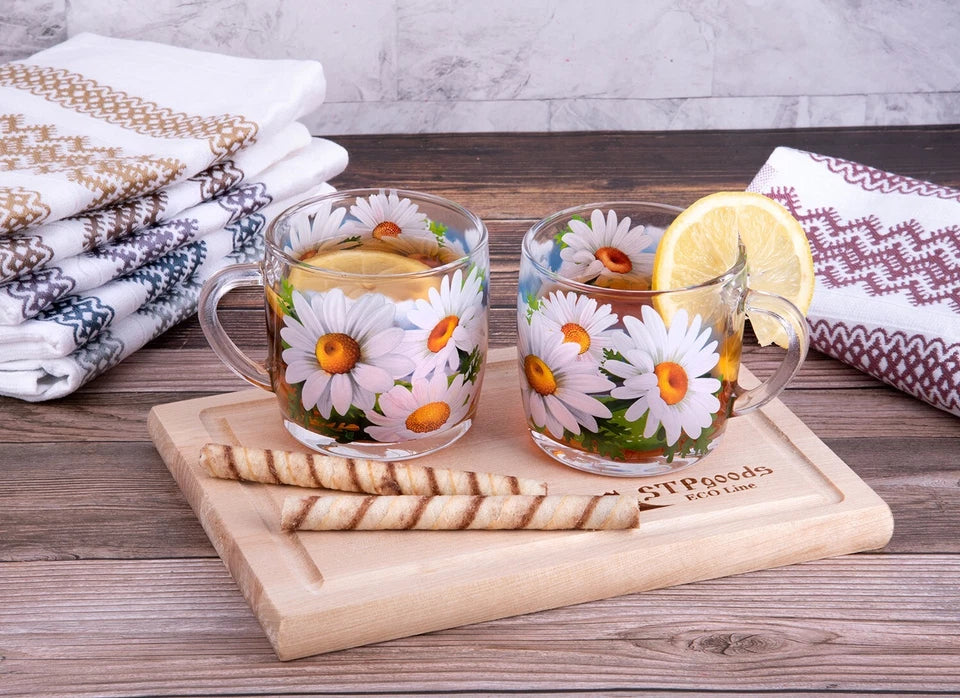 DAISY 4-pc Glass Mug Set Tea Coffee Cup Teacup Durable Top Quality 10 oz ea