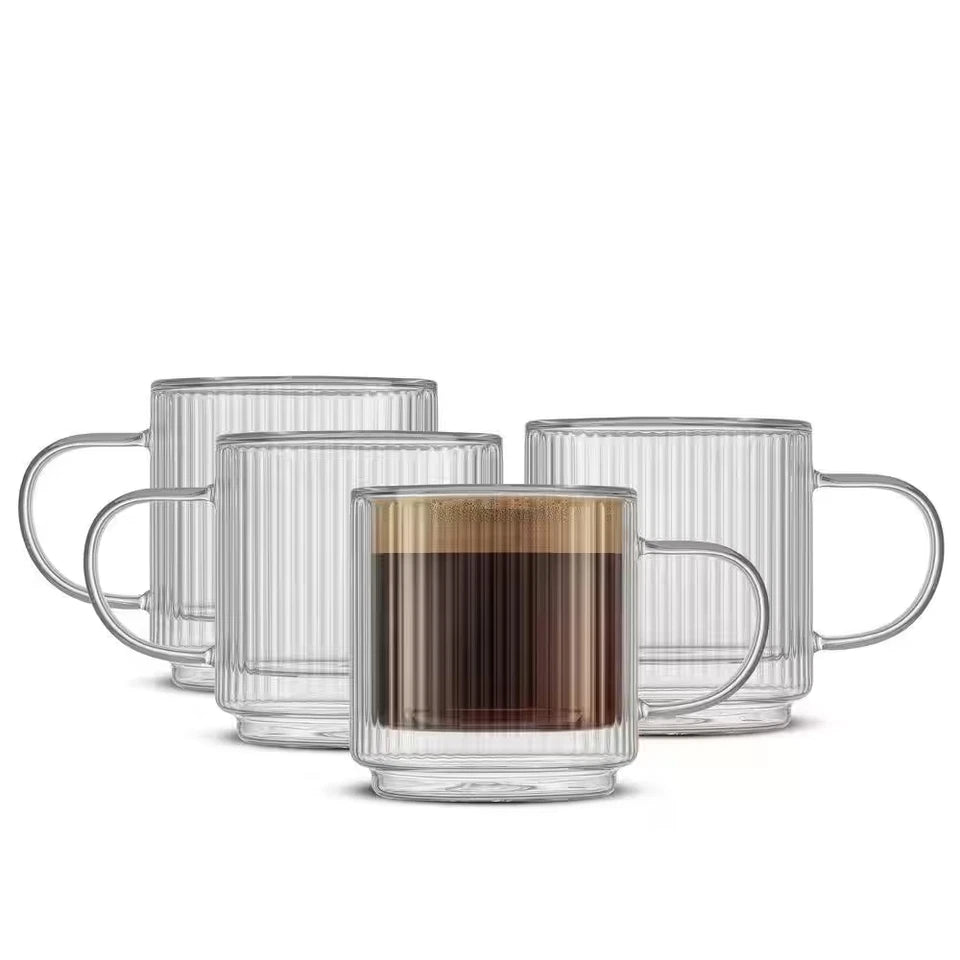 Fluted Stackable Lead Free Glass Double Wall Mug, 13.5 Oz. (Set of 2)